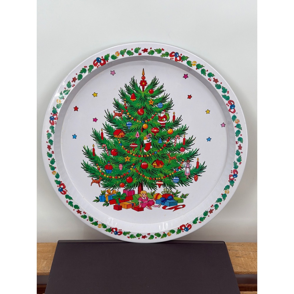 Vintage Ullman Co Christmas Tree Round Tin Serving Tray 13 Inch Holiday Decor